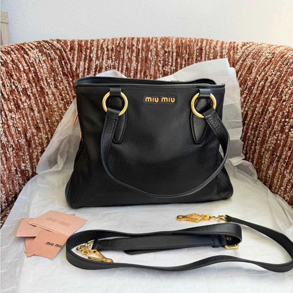 Miu Miu Black Pebbled Leather Satchel with Gold Hardware